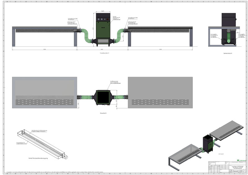 Anschluss Umluftreiniger ULR 1200 an 2-facher Tischabsaugung